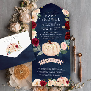 Invitación Todo En Uno Baby Shower de la Marina de Calabaza Floral de Bor
