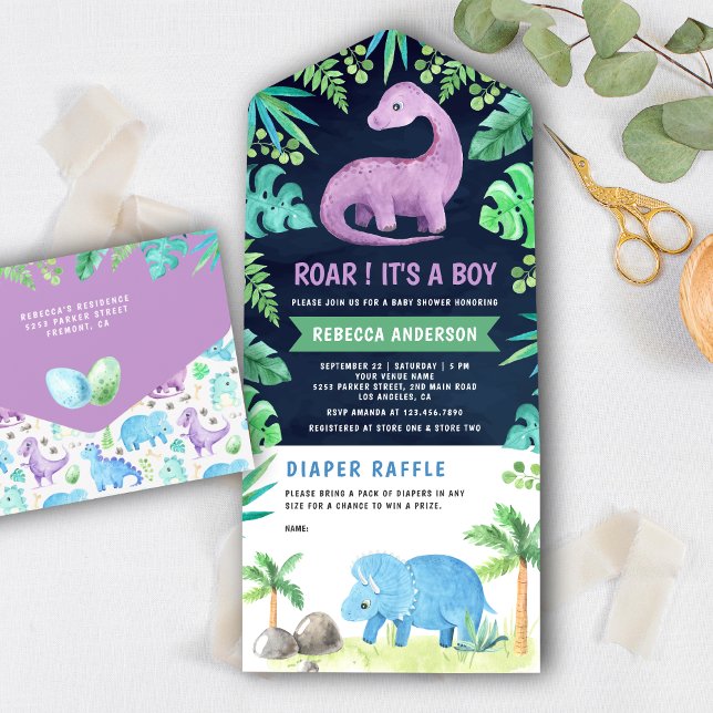 Invitación Todo En Uno Baby Shower de la marina de dinosaurios azul y púr (Subido por el creador)