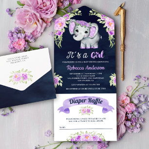 Invitación Todo En Uno Baby Shower de la Marina de Elefante Floral Morple