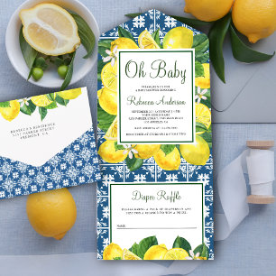 Invitación Todo En Uno Baby Shower de Limonero con Azulejos Mediterráneos