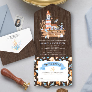Invitación Todo En Uno Baby Shower de madera de faro rústico náutico