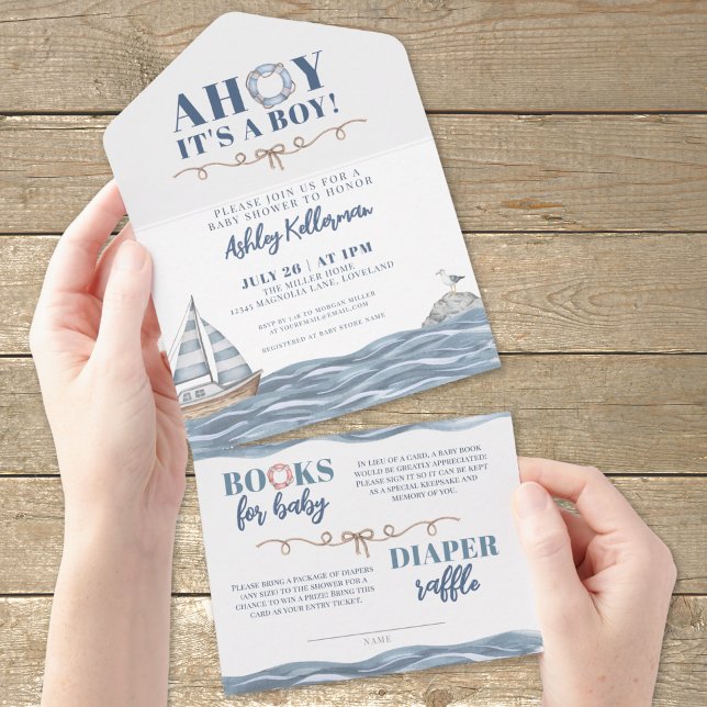 Invitación Todo En Uno Baby Shower de Nautical Ocean Boy (Nautical Ocean Boy Baby Shower All in One Invitation )