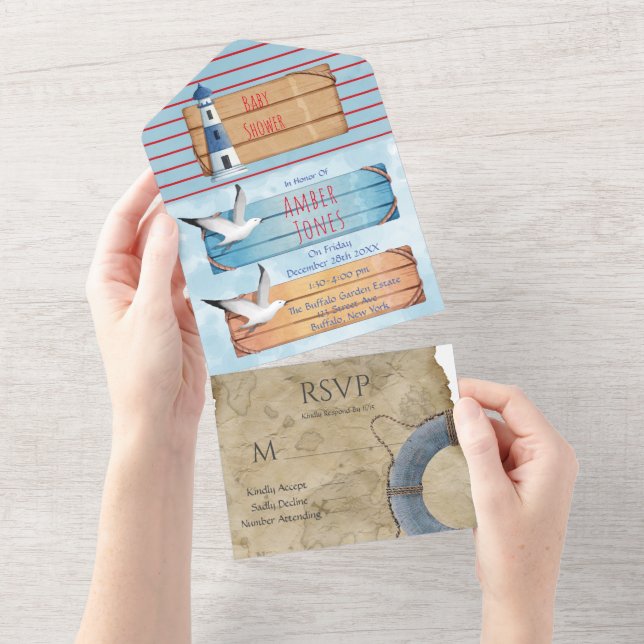 Invitación Todo En Uno Baby Shower de Theme Boy Nautical (desgarro)