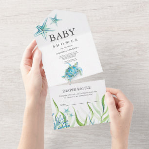 Invitación Todo En Uno Baby Shower de tortuga marina en una sola invitaci