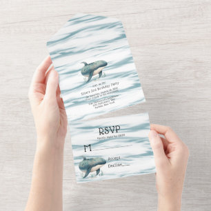 Invitación Todo En Uno Baby Shower de Watercolor Blue Whale Boy