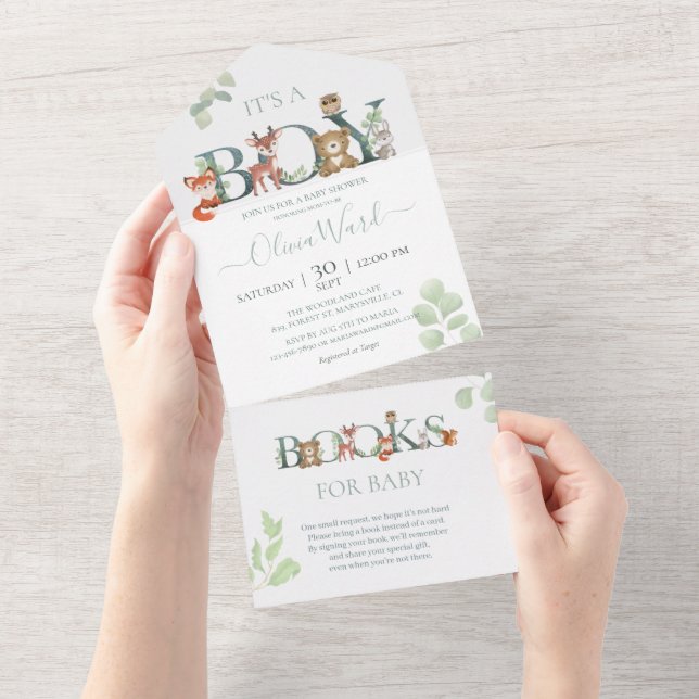 Invitación Todo En Uno Baby Shower de Woodland Animals | Libros para bebé (desgarro)
