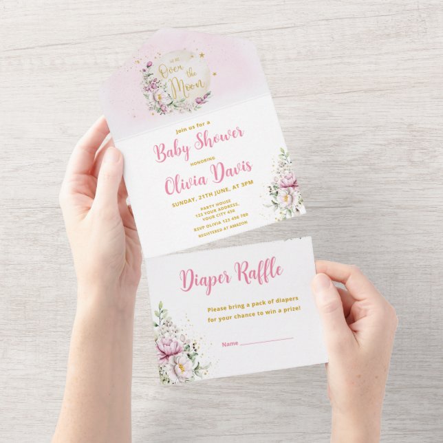 Invitación Todo En Uno Baby Shower Floral de Luna (desgarro)
