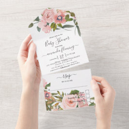 Invitación Todo En Uno Baby Shower floral de oro rosa y Rosa de Rubor tod