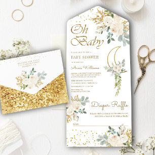 Invitación Todo En Uno Baby Shower Luna Creciente Boho Marfil Floral Dora