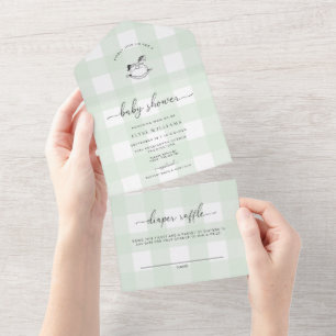 Invitación Todo En Uno Baby Shower Mint Green Gingham Rocking Horse