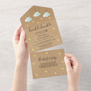Invitación Todo En Uno Baby Shower Neutro Luces Brillantes Rústico