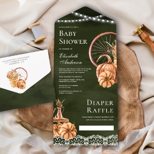 Invitación Todo En Uno Baby Shower Otoño Boho Calabaza Verde Salvia
