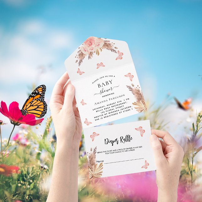 Invitación Todo En Uno Baby Shower pampas mariposa flor diaper raffle (Subido por el creador)