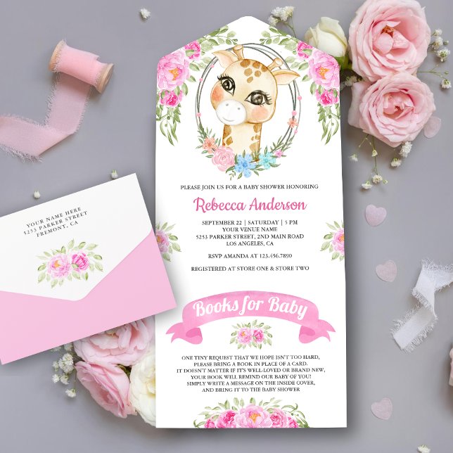 Invitación Todo En Uno Baby Shower Pink Floral Wreath Giraffe (Subido por el creador)