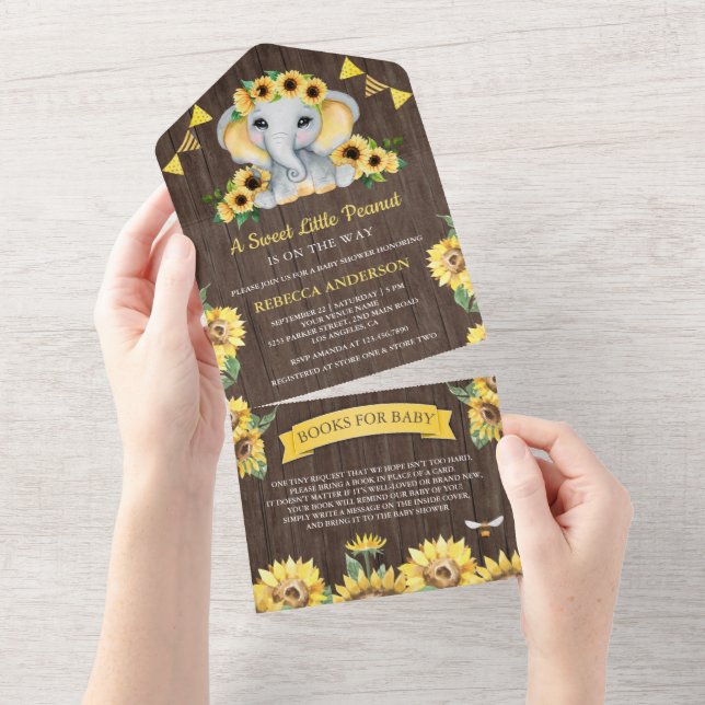 Invitación Todo En Uno Baby Shower Rustic Sunflowers Elephant Barn Wood (desgarro)