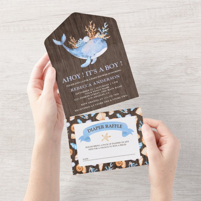 Invitación Todo En Uno Baby Shower Rústico Nautical Blue Whale Wood (desgarro)