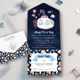 Invitación Todo En Uno Baby Shower submarino azul marino