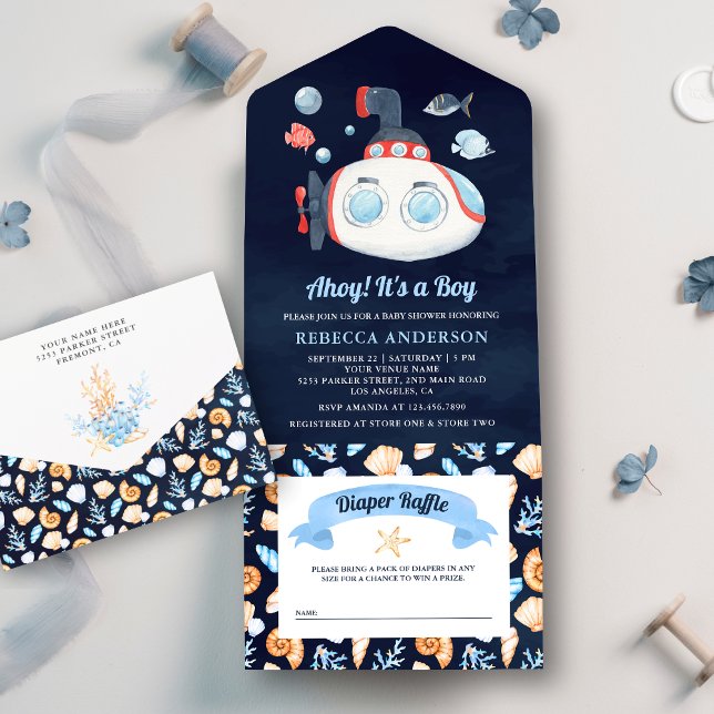 Invitación Todo En Uno Baby Shower submarino azul marino (Subido por el creador)