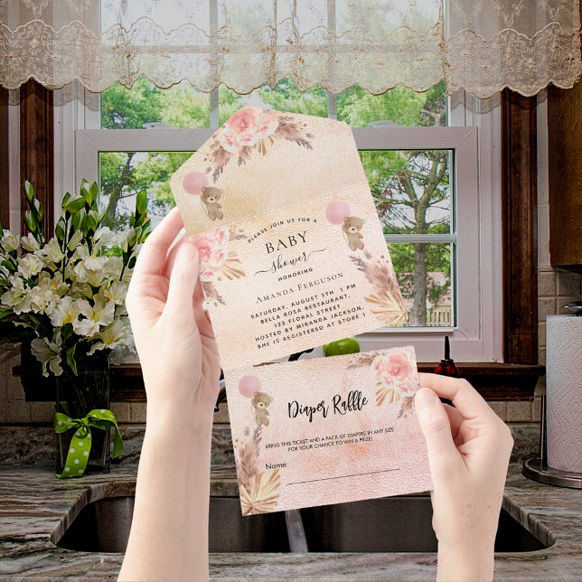 Invitación Todo En Uno Baby Shower teddy pampas florines diaper raffle (Subido por el creador)