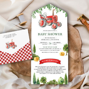 Invitación Todo En Uno Baby Shower Tractor Rojo Rústico
