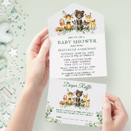 Invitación Todo En Uno Baby Shower y Diaper Raffle de animales de Woodlan