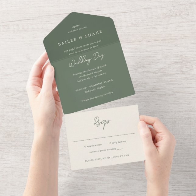 Invitación Todo En Uno Bailee Olive Green Boda moderno (desgarro)