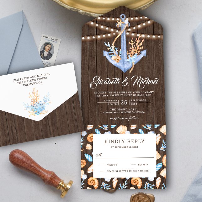 Invitación Todo En Uno Bajo el mar Náutico Anchor Rustic Wood Boda (Subido por el creador)