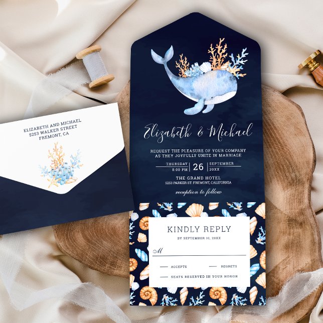 Invitación Todo En Uno Bajo la marina de ballena Boda náutico azul (Subido por el creador)