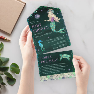 Invitación Todo En Uno Bajo la sirena marina, Baby Shower verde esmeralda