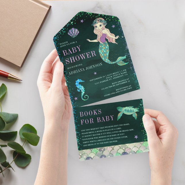 Invitación Todo En Uno Bajo la sirena marina, Baby Shower verde esmeralda (Subido por el creador)