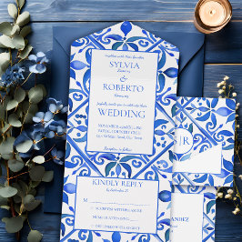 Invitación Todo En Uno Baldosas azules de Talavera azul boda mexicano vin