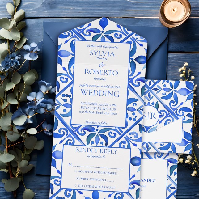 Invitación Todo En Uno Baldosas azules de Talavera azul boda mexicano vin (Blue tiles Talavera Azulejo vintage Mexican wedding all in one wedding invitation cards)