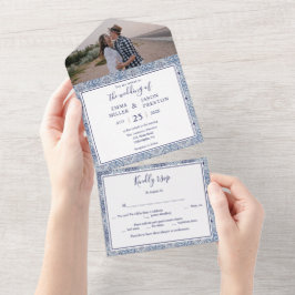 Invitación Todo En Uno Baldosas azules Invitación a la boda en dos fotos