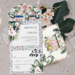 Invitación Todo En Uno Baldosas florales | Boda tropical marroquí<br><div class="desc">Los bodas inspirados en Marruecos son audaces, geniales y de moda boho. El azul intenso, el azul verde azulado, el coral, el amarillo y el verde lúgubre se unen en bella armonía para dar un aspecto inmaculado a cualquier boda. El uso de esta combinación de colores permite crear un estilo...</div>