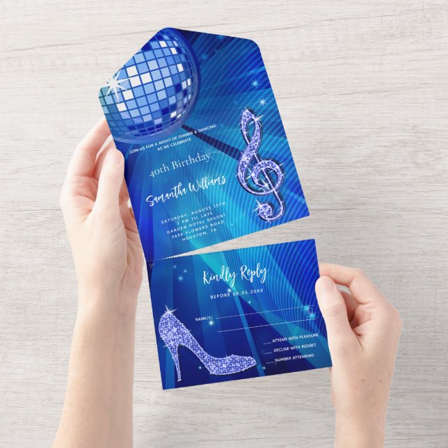 Invitación Todo En Uno Ball Disco y Heels Blue Birday (desgarro)
