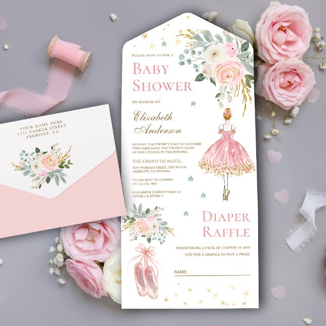 Invitación Todo En Uno Ballerina floral rosa y dorada Baby Shower (Subido por el creador)