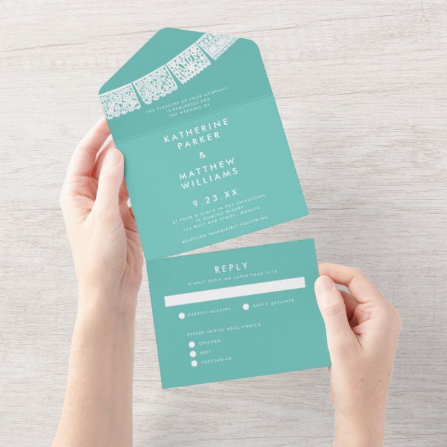 Invitación Todo En Uno Bandera de Boda Papel Picado Aqua (desgarro)