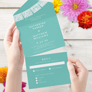 Invitación Todo En Uno Banner Boda Papel Picado Aqua