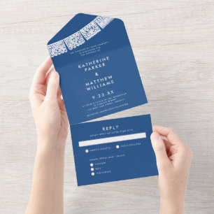 Invitación Todo En Uno Banner Boda Papel Picado Azul