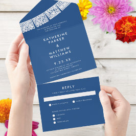 Invitación Todo En Uno Banner Boda Papel Picado Azul