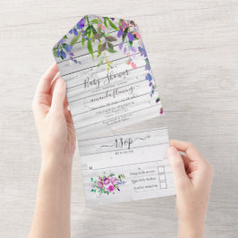Invitación Todo En Uno Baño de bebé floral violeta acuarela rústica todo