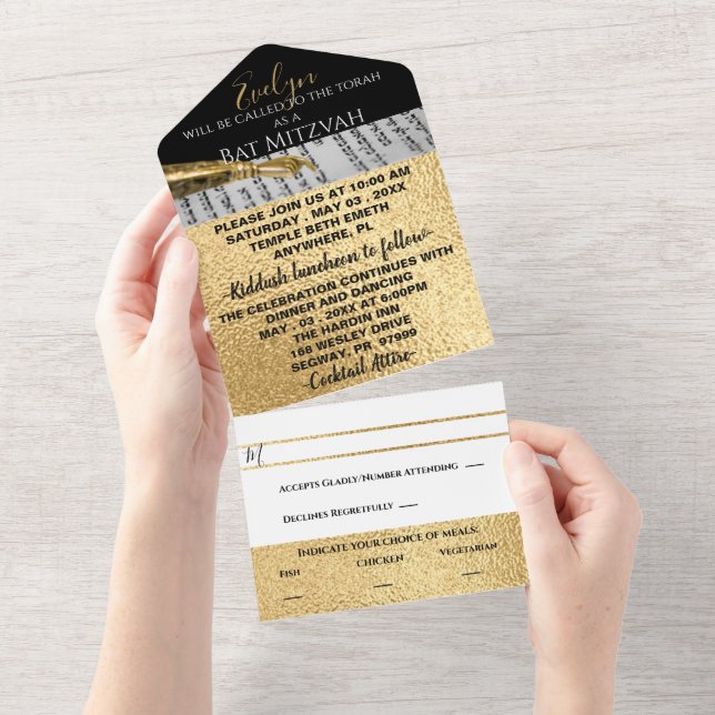 Invitación Todo En Uno Bar Bat Mitzvah Gold y Black (desgarro)