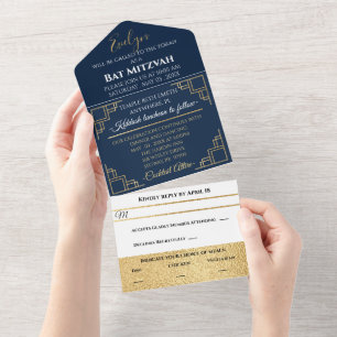 Invitación Todo En Uno Bar Bat Mitzvah Navy Art Deco