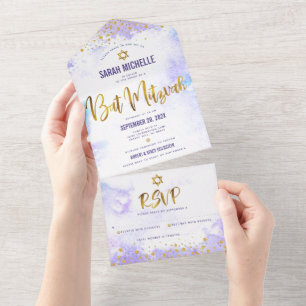 Invitación Todo En Uno Bar Mitzvah agua acuarela morada oro script modern
