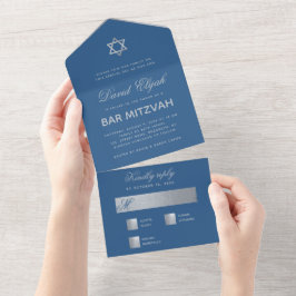 Invitación Todo En Uno Bar Mitzvah Azul Clásico Falso Guion Estrella Plat