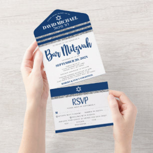 Invitación Todo En Uno Bar Mitzvah Azul Marino Tallit Plateado Escritura