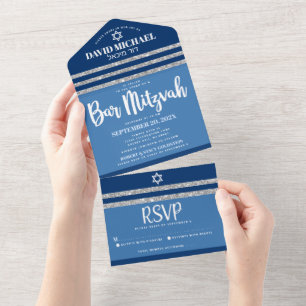 Invitación Todo En Uno Bar Mitzvah Azul Plata Tallit Moderno Letra Negrit