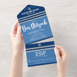 Invitación Todo En Uno Bar Mitzvah Azul Plata Tallit Moderno Letra Negrit