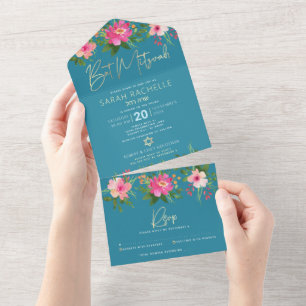 Invitación Todo En Uno Bar Mitzvah Azul Script Floral Acuarela