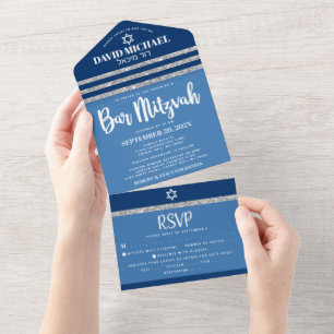 Invitación Todo En Uno Bar Mitzvah Azul Tallit Plateado Script Moderno y